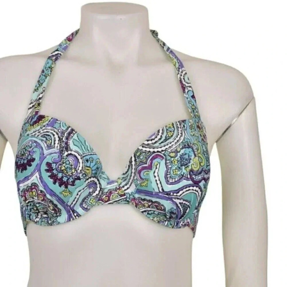 Aerie Bikini Set 2 Piece  Halter Blue Paisley Cut Outs Underwire Swim Beach 34D - Picture 2 of 9
